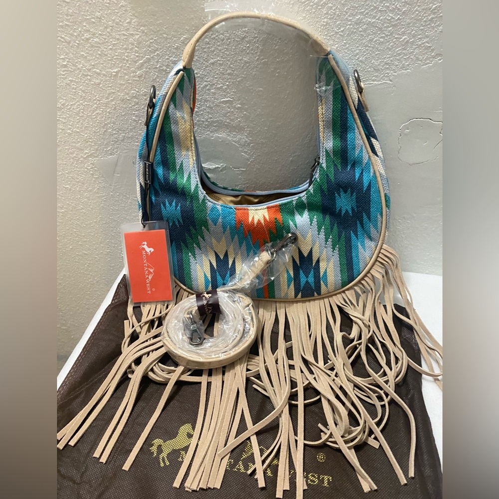 Montana West Southwestern Fringe Hobo Bag Blue Tapestry Crossbody NEW Cowgrl